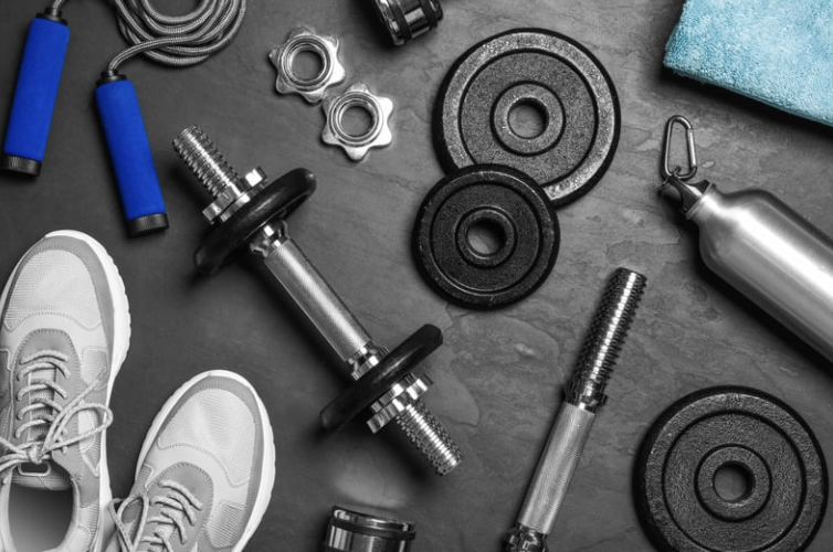 dumbbells, gym shoes and jump rope